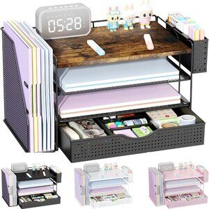 4-Tier Wood Desk Organizer with Drawer, Pen Holder & File Rack